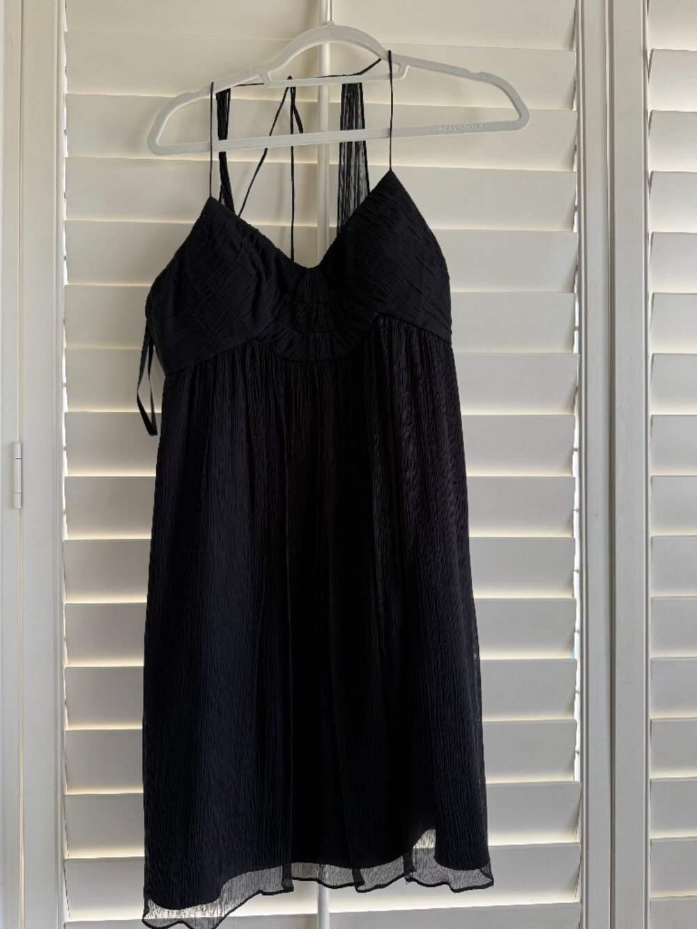BCBG Paris: Black Spaghetti Strap Midi Dress with chiffon strap detail, size 4